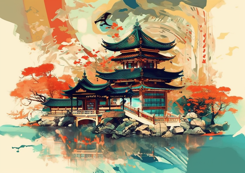 中国风国潮新中式秋季时节古风建筑树木和宁静的湖泊室外无人的场景背景插画,插画/手绘图,插画/手绘图库,插画/手绘图下载,插画/手绘